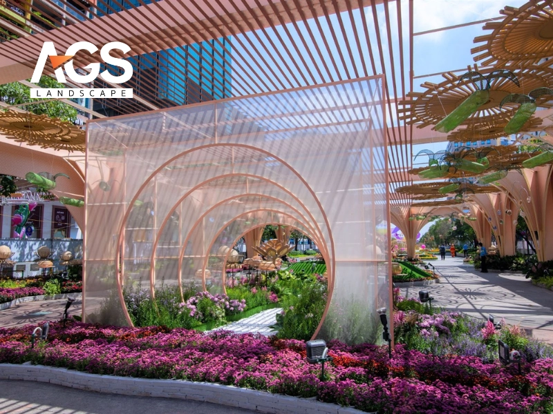 AGS Landscape sử dụng vật liệu truyền thống như mây tre, lá sen, thân thiện với môi trường